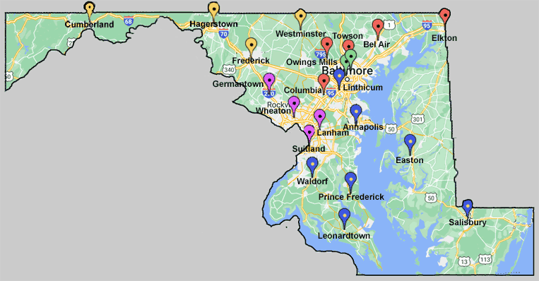 Map of Maryland indicating the locations of DORS offices. See previous link for text version.