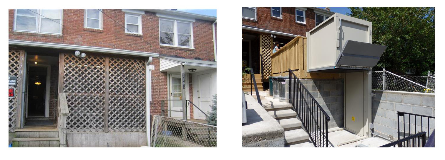 A brick row home with a wooden back porch. After: the same home with a new concrete porch and chair lift.