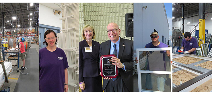 Montage of people working in a window factory. Center photo: Director Sue Page giving an award to manager Neill Christopher.