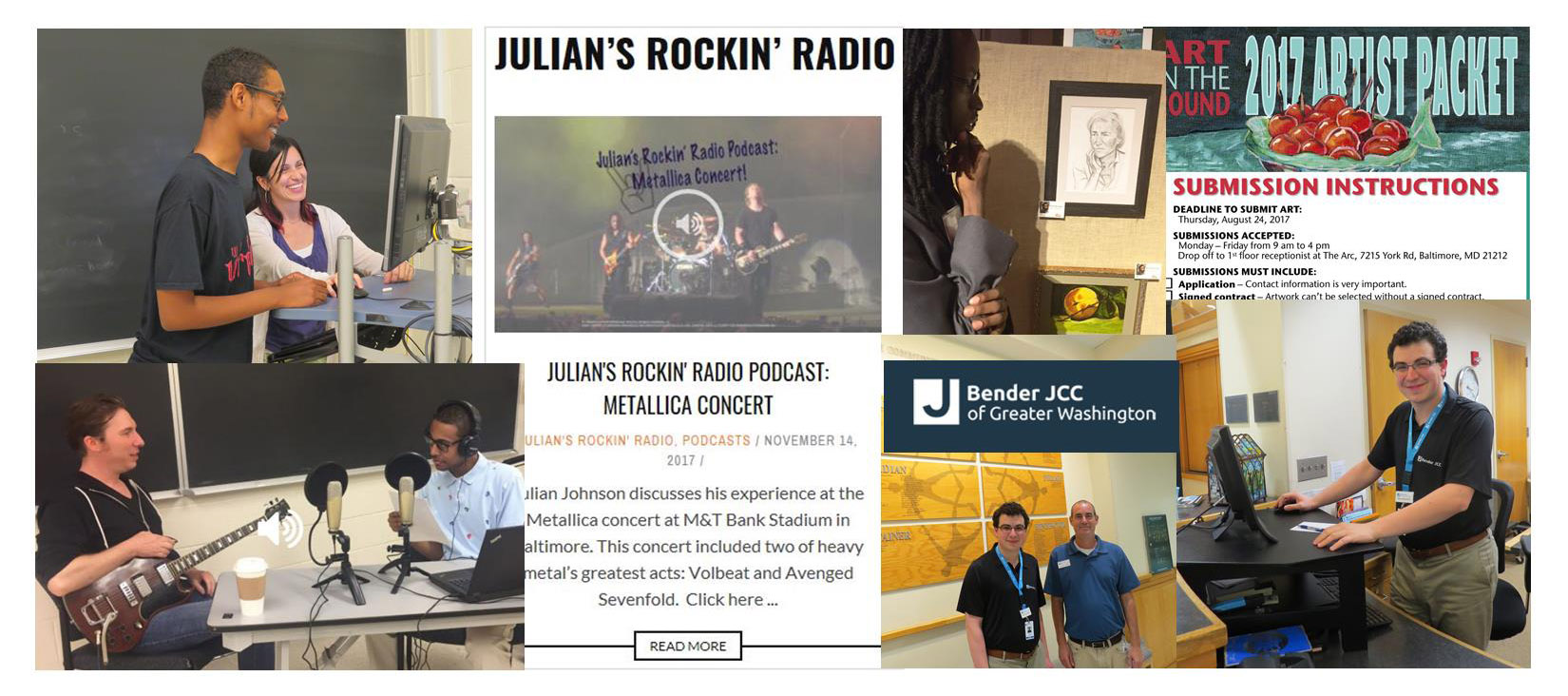Montage: Julian and his professor and podcast recording, Zack working and with his boss, Markus looking at paintings and poster.