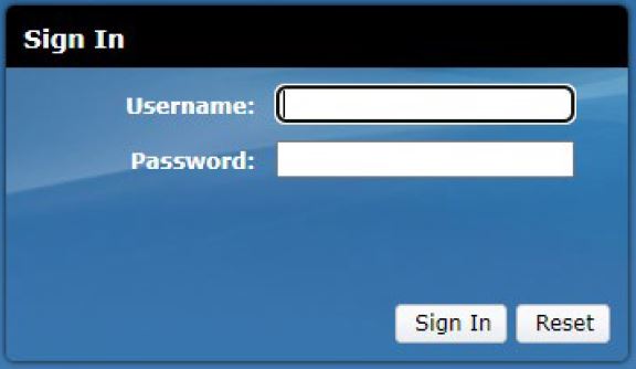 Sign In screen. Two form fields: Username and Password. Two buttons: Sign in and reset.