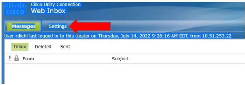 Cisco Web Inbox screen. An arrow points to the second button, Settings.