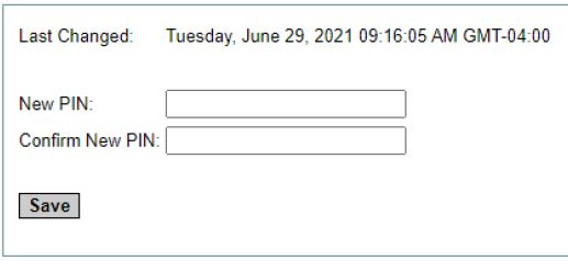 Password screen shows date password last changed. Two form fields: New PIN and Confirm New PIN. One button: SAVE.