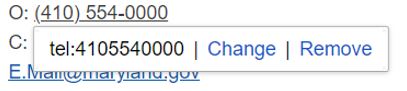 A pop-up over the office phone number reads TEL:4105540000 CHANGE REMOVE. Change and remove are active links.