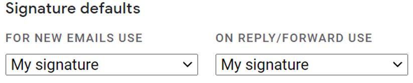 Signature Defaults screen shot. For New Emails Use is set to My signature. On Reply/Forward Use is set to My signature.