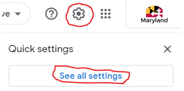 Screen shot of Gmail, showing the GEAR icon and SEE ALL SETTINGS circled.