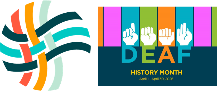 Austism Society logo and DEAF History Month, with DEAF in ASL.