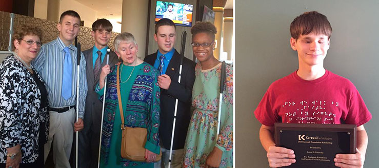 Left photo: 3 women and 3 men pose for a group photo. 4 of them hold white canes. Right photo: Jason Polansky.