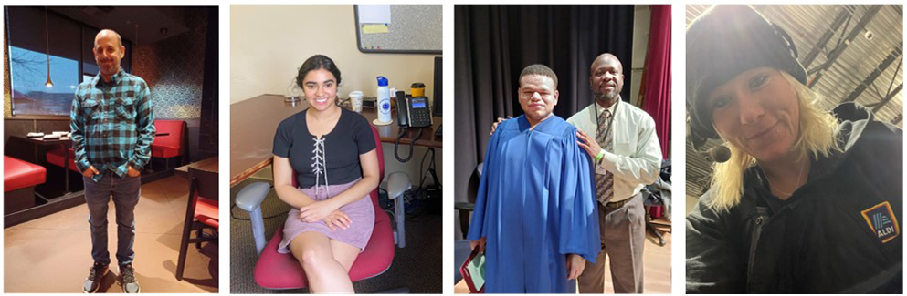 Ryan, standing and smiling. Juhi in a desk chair, smiling. Malike and Michael at the WTC graduation. Emma in the Aldi warehouse.