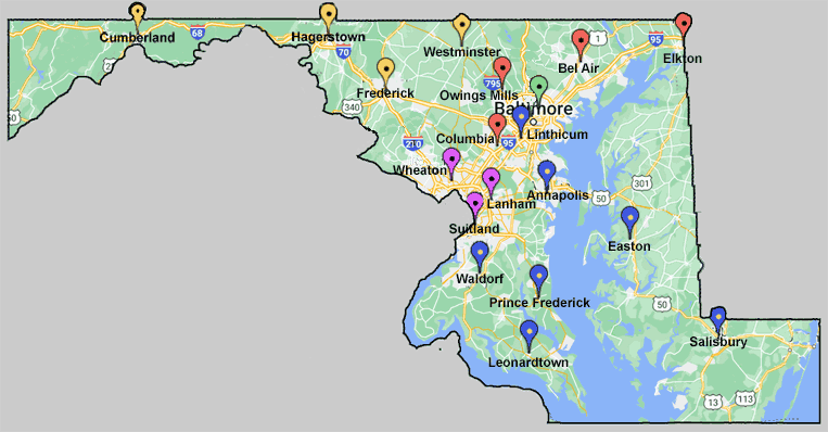 Map of Maryland indicating the locations of DORS offices. See previous link for text version.