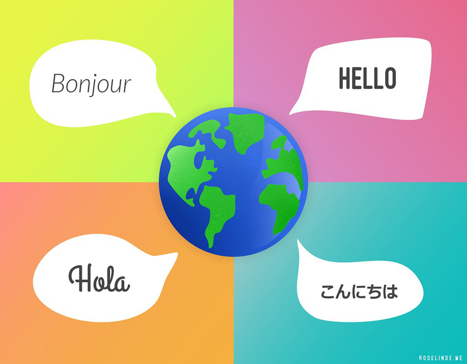 A world globe in the middle of four colored squares with Hello in four languages. Image from Flickr and by Roselinde Bon.