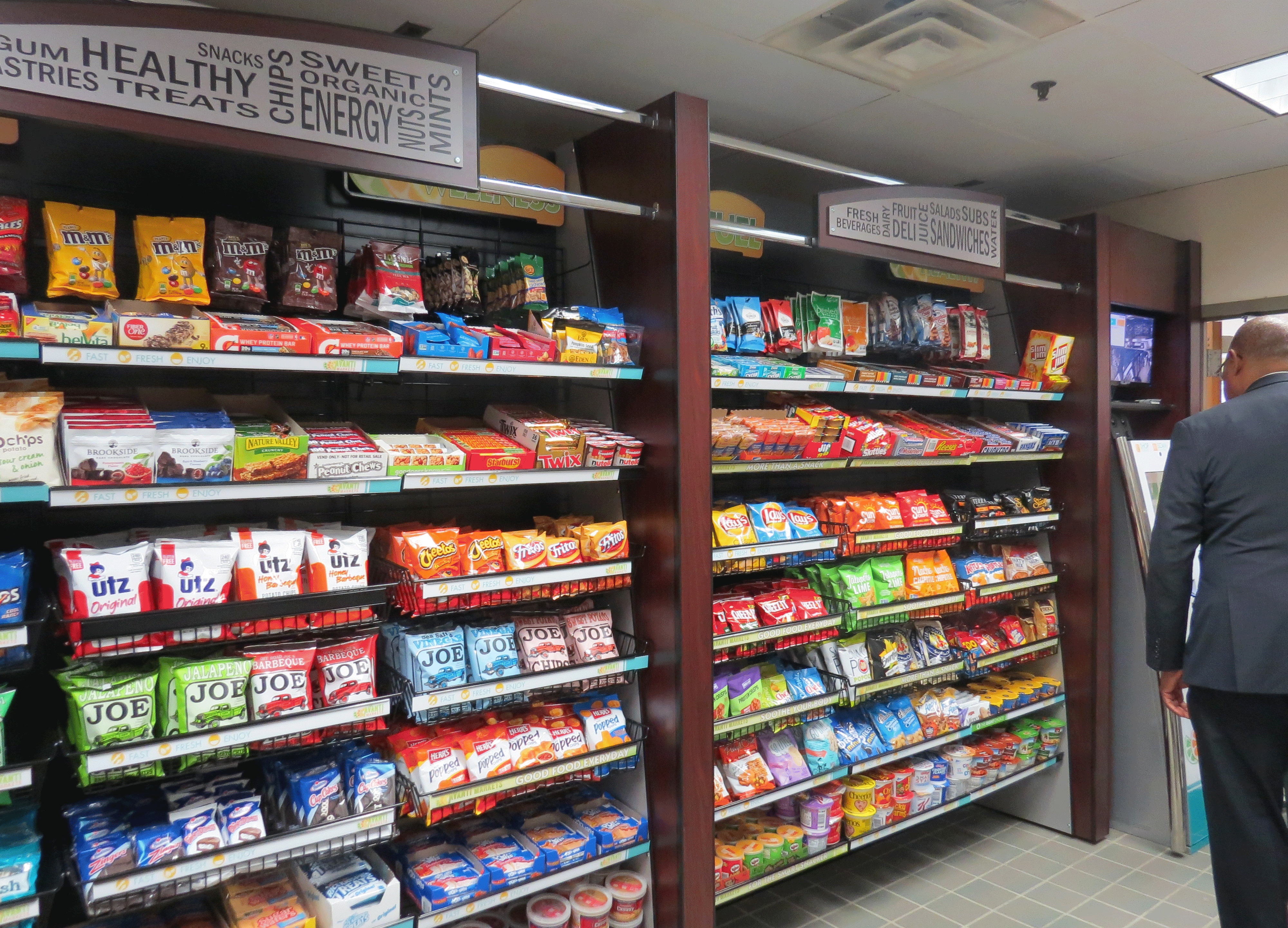 A BEP micormarket's shelves, stocked with snack foods.