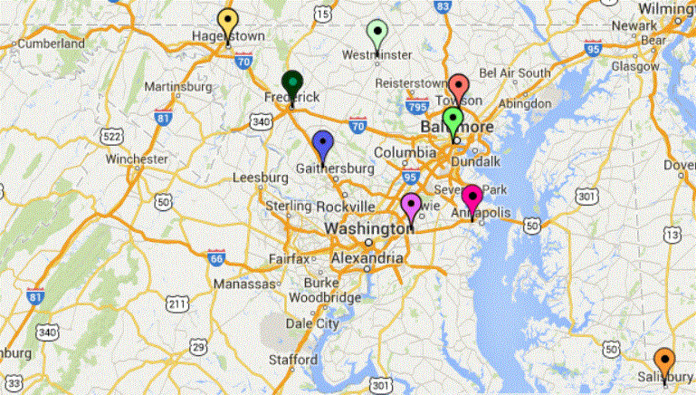 Map of Maryland showing locations of DORS offices with a rehabilitation counselor for the deaf. 