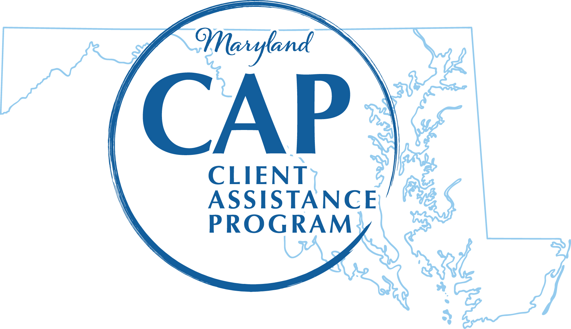 Client Assistance Program logo: A blue circle over a blue outline of the State of Maryland.