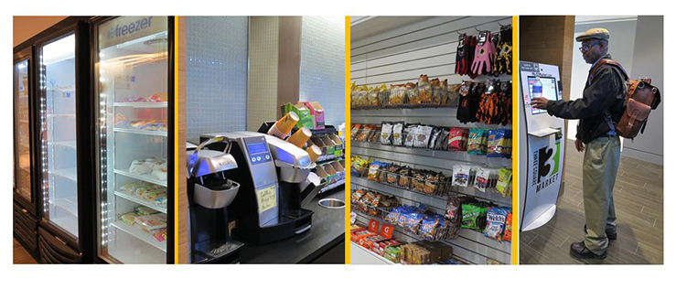 Four photos: a row of refrigerated cases, a row of coffee makers, a wall of hooks with snack foods, a man checking out.