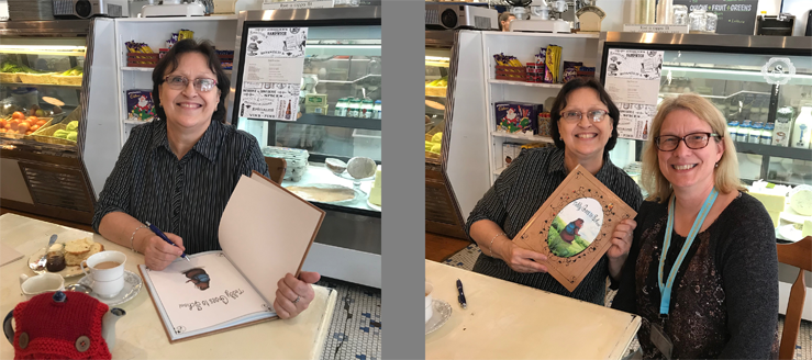 Two photos: Beverly DeLuca at a book signing in a coffee shop, and with Linda Andrews, showing the cover of the book.