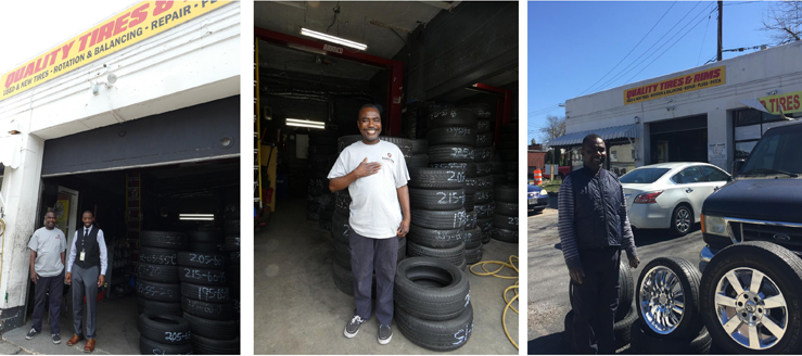 3 photos: Bright and Sindiso, Bright with a stack of tires, Bright outside his garage.