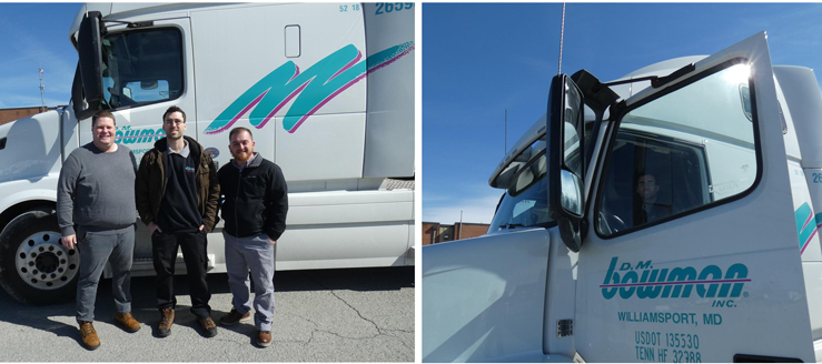 Two photos: D.M. Bowman managers Scott Boyd and Joe Ingold, with Charles, and Charles in his truck.