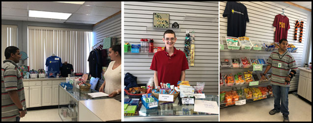 Three images: Eric training a volunteer. Harley working at the counter. Eric stocking the candy shelves.