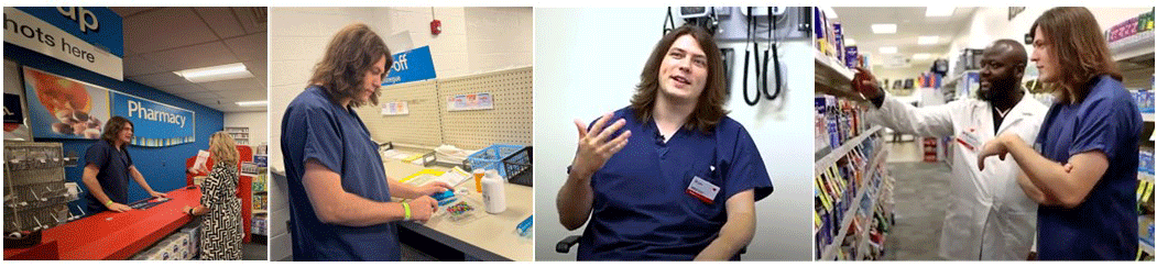 4 photos of Bryce: at a CVS counter, talking to a woman. counting pills, wearing blue scurbs & sitting, in a CVS w/a pharmacist.