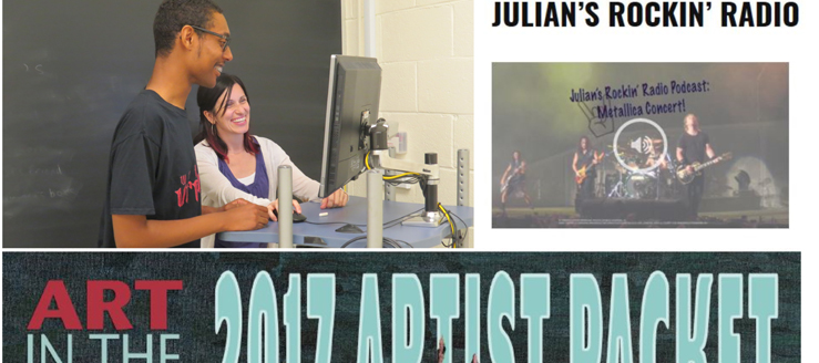 Julian Johson with professor, Beth Baunoch, an image from his Rocking Radio podcast, and the banner for the 2017  